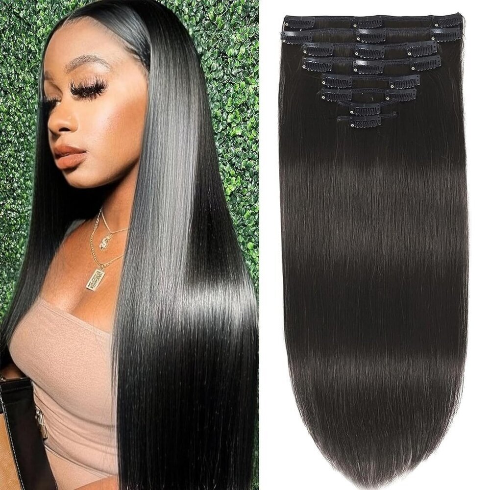 Clip in Hair Extensions Real Human Hair 16 Inch Seamless Double Weft Black Women